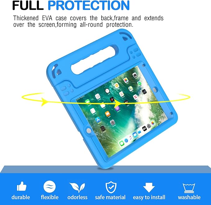 AVAWO Kids Case for iPad 9.7 inch (2018/2017 Model) 6th/5th Generation, iPad Air 2 Cover with Built-in Screen Protector, Durable Lightweight Shockproof Handle Stand for Toddlers, Blue