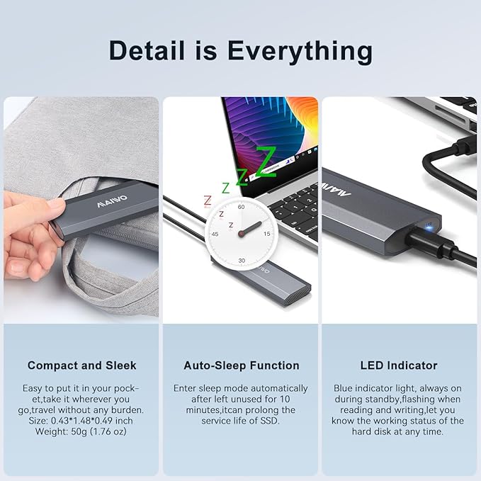MAIWO M.2 NVMe SSD Enclosure, USB 3.1 Gen 2 USB-C (10 Gbps) External Aluminum NVMe Reader for 2230/2242/2260/2280 M-Key SSD up to 8TB, UASP Supported, Tool Free
