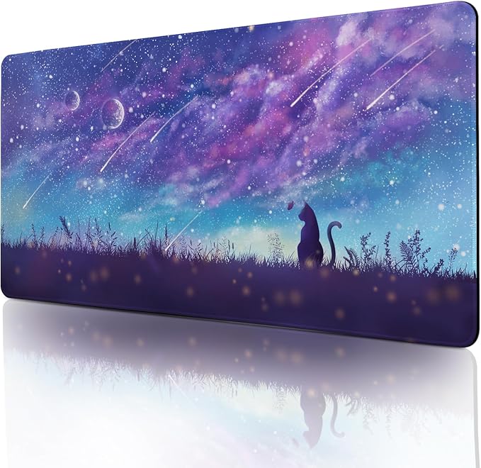 Purple Gaming Mouse Pad XL Cat Cute Desk Pad Keyboard Mat Kawaii Cat Sky Mouse Pad Blue Desk Mat Decor with Stitched Edges Non-Slip Large Computer Mat 31.5"x11.8"