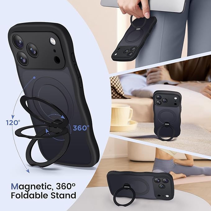 CAPRARO for iPhone 17 Pro Max Case with 360° Spin Magnetic Stand for Women, [Compatible with MagSafe] [Full Camera Protection] Cute Wave Translucent Matte Case for iPhone 17 Pro Max, Black