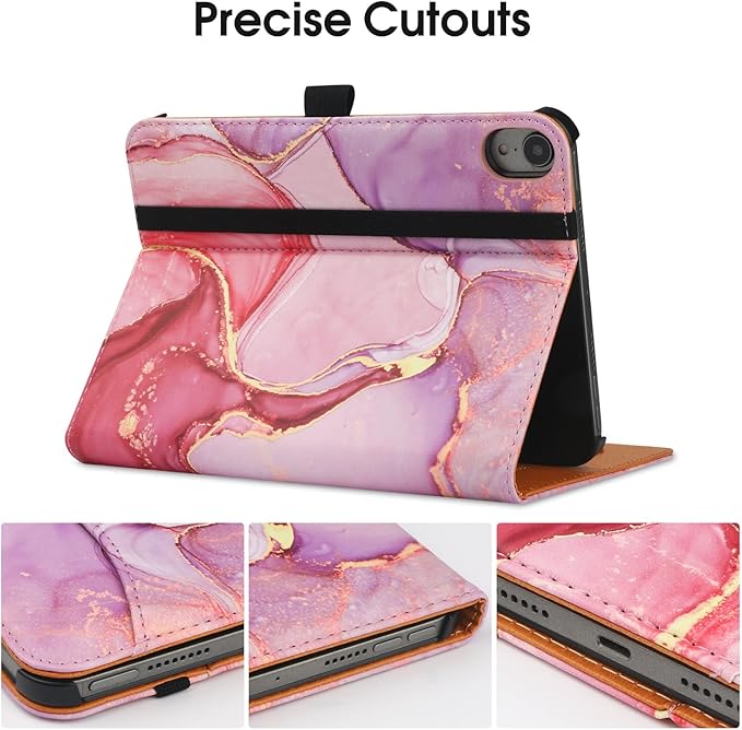 iPad mini 7 Case (A17 Pro) 2024, iPad mini 6 Case 2021, iPad mini 7th/6th Generation Case 8.3 Inch,Premium PU Leather Folio Stand Cover with Pencil Holder and Multi-Viewing Angles(Pink Marble)