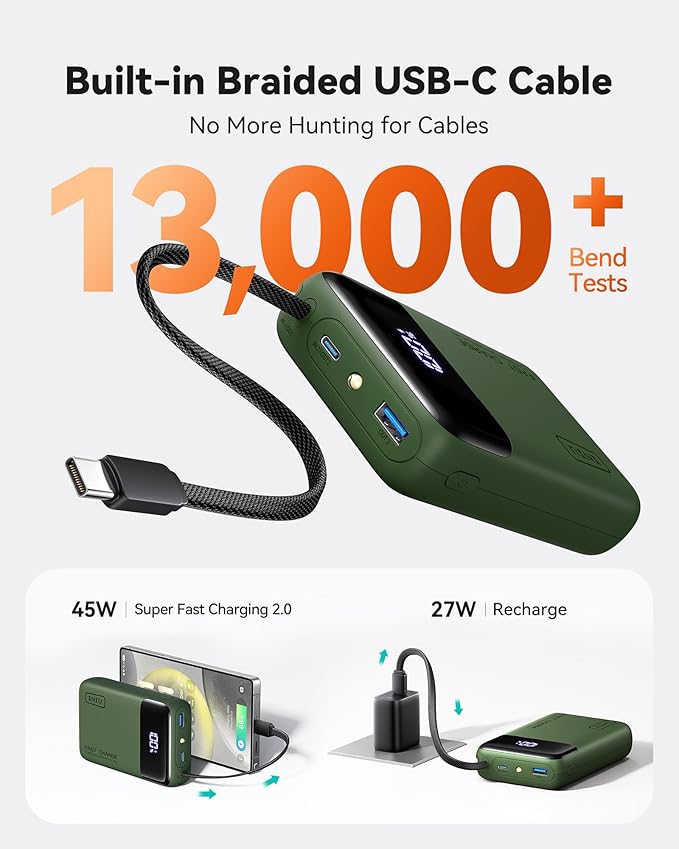 INIU 20000mAh Power Bank, Smaller 45W PD Fast Charging Portable Charger, Battery Pack with Build in USB C Cable, Travel Phone Flight-Safe Powerbank for iPhone 17 16 Samsung S26 Google iPad, Green