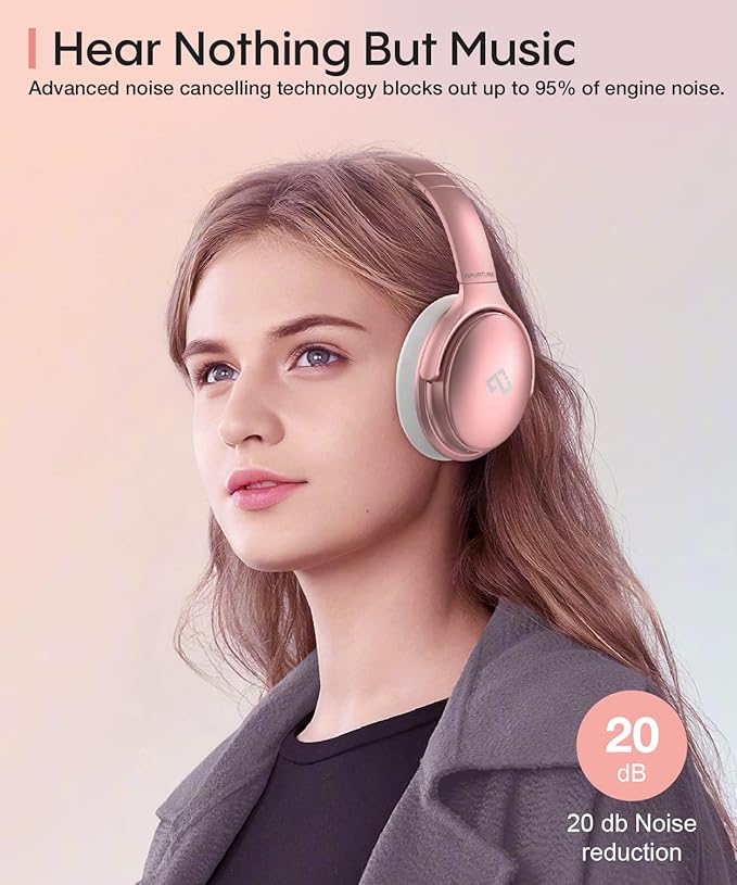 INFURTURE Pink Headphones Over Ear Headphones Active Noise Cancelling Bluetooth Headphones, Deep Bass Headset, Low Latency, 90H Playtime, Foldable Headphone for Sport Running Cool Gadgets Gift-H1