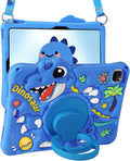 Boaretiu for iPad Air M4/M3/M2 11"/Air 4th/Air 5th Gen/for iPad Pro 11"(1/2/3/4) Case - Cute Cartoon Silicone Cover with Adjustable Shoulder Strap & Rotating Stand for Kids Boys Girls, Blue Dinosaur