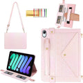 Shiny Case for iPad mini 7 2024/Mini 6th Gen Handbag Case, Techcircle Iridescent PU Leather Folio Envelope Pocket Stand Cover with Hand Strap+Shoulder Strap+Pencil Holder+Card Slots, Shiny Pale Pink