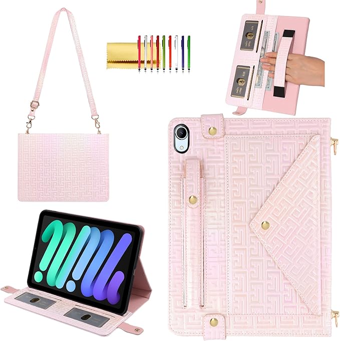 Shiny Case for iPad mini 7 2024/Mini 6th Gen Handbag Case, Techcircle Iridescent PU Leather Folio Envelope Pocket Stand Cover with Hand Strap+Shoulder Strap+Pencil Holder+Card Slots, Shiny Pale Pink