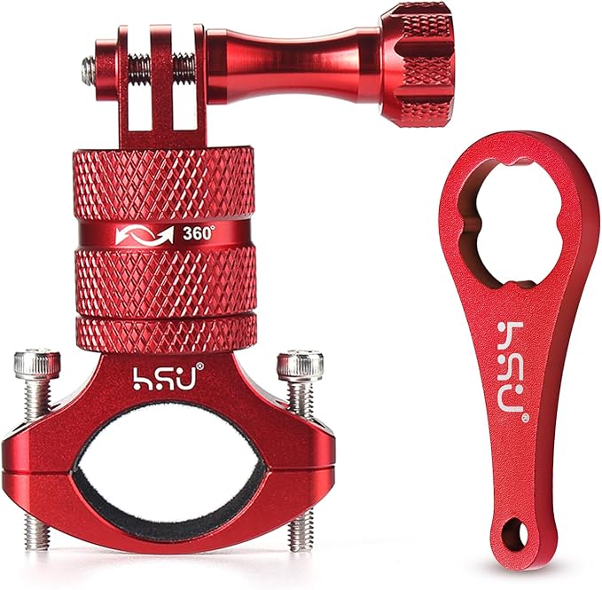 HSU Bike Handlebar Mount for Gopro Hero 13/12/11/10/9/8/7/6/5/4 AKASO Campark Osmo Action 3/4 and Other Action Cameras, 360 Degrees Rotary Motorcycle Mount (Red)