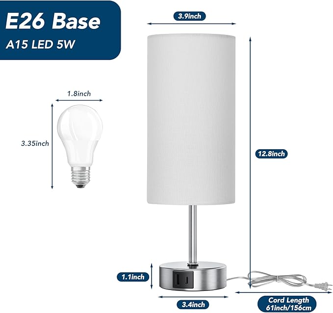 ROTTOGOON 12.8" Touch Control Table Lamp, 3-Way Dimmable Small Bedside Nightstand Lamp with 2 USB Ports, Modern Table Lamps with 6500K Daylight LED Bulb for Bedroom Living Room