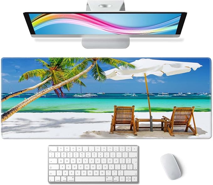 Desk Mat, Tropical Beach Extended Gaming Mouse Pad Large, 31.5"x11.8" Big Mouse Pad with Non-Slip Base and Stitched Edge, Long Computer Keyboard Mouse Mat for Home Office Work