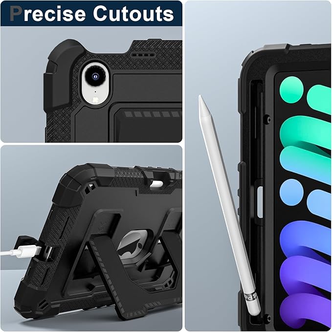 Kids Friendly Case for Apple iPad mini 7 A17 Pro 2024/iPad Mini 6 2021 8.3 Inch 7th/6th Gen Case with Pencil Holder & Shoulder Strap, Shockproof Kickstand Hard Shell Protective Cover,Black