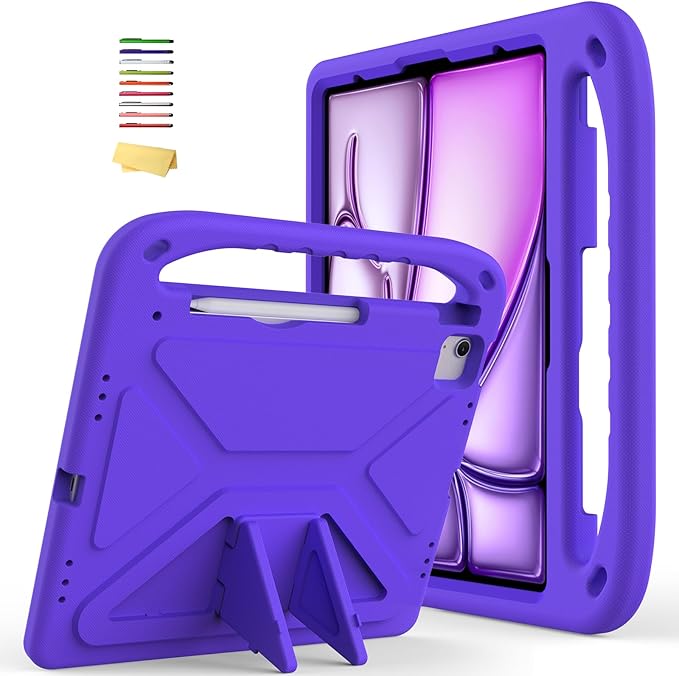 Kids Case for Apple iPad Air 13 inch Tablet M4/M3/M2 (2026/2025/2024) with Pencil Holder, Anti-Slip Handle Slim Lightweight Stand Shockproof Soft EVA Protective Silicone Bumper Cover, Purple