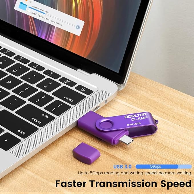 128GB 3 in 1 USB 3.0 Flash Drive Photo Stick for Android Phones, BorlterClamp OTG Memory Stick with 3 USB Ports (USB C, microUSB, USB A) for Samsung Galaxy, LG, Tablets, PC and More, Purple