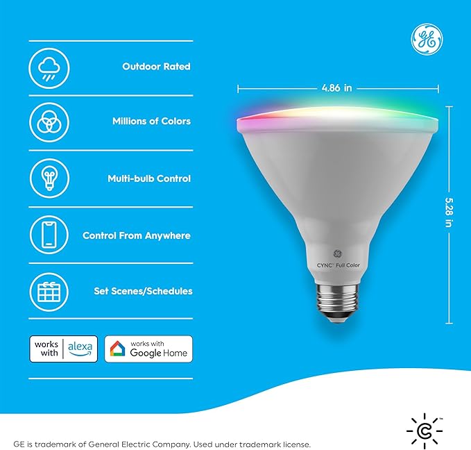 GE CYNC Smart LED Light Bulb, PAR38 Flood Light Outdoor, Works with Amazon Alexa and Google Home, WiFi Light, Color Changing Light Bulb, 90W Equivalent, (Pack of 2)