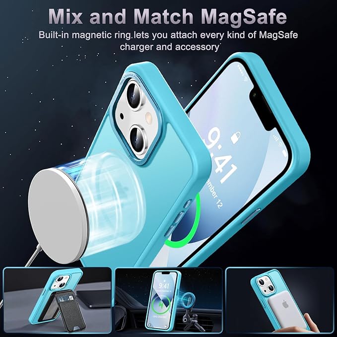 Newfuture Designed for iPhone 13 Case & iPhone 14 Case with Magnetic [13 FT Military Drop Protection] [Compatible with Magsafe] Slim Translucent Shockproof with Anti-Fingerprint Phone Case, Lake Blue