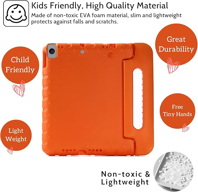 Dteck Kids Case for iPad 10.2 Inch, Shockproof Rugged EVA Handle Stand, Child Proof Case for iPad 9/8/7 Generation, Orange
