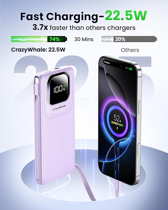 Portable Charger with Built-in Cables,22.5W Super Fast Charging Power Bank Slim Phone Charger,10000mAh Travel Battery Pack Battery Bank with Smart LED Display for iPhone, Android & USB-C (Purple)
