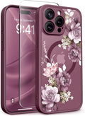 GVIEWIN for iPhone 15 Pro Case Compatible with MagSafe, [Military Grade Protection] [Screen Protector] Full Camera Protection Floral Translucent Women Magnetic Phone Case, Cherry Blossoms/Burgundy