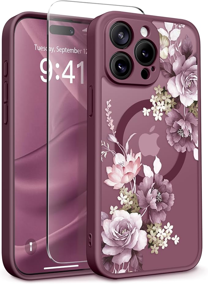 GVIEWIN for iPhone 15 Pro Case Compatible with MagSafe, [Military Grade Protection] [Screen Protector] Full Camera Protection Floral Translucent Women Magnetic Phone Case, Cherry Blossoms/Burgundy