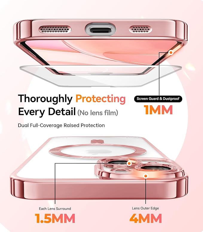 Meifigno for iPhone 15 Case 6.1", [Glitter Card & Wrist Strap] [Compatible with MagSafe] [2X Screen Protectors] Surround Raised Camera Lens Protection for iPhone 15 Case, Rose Gold