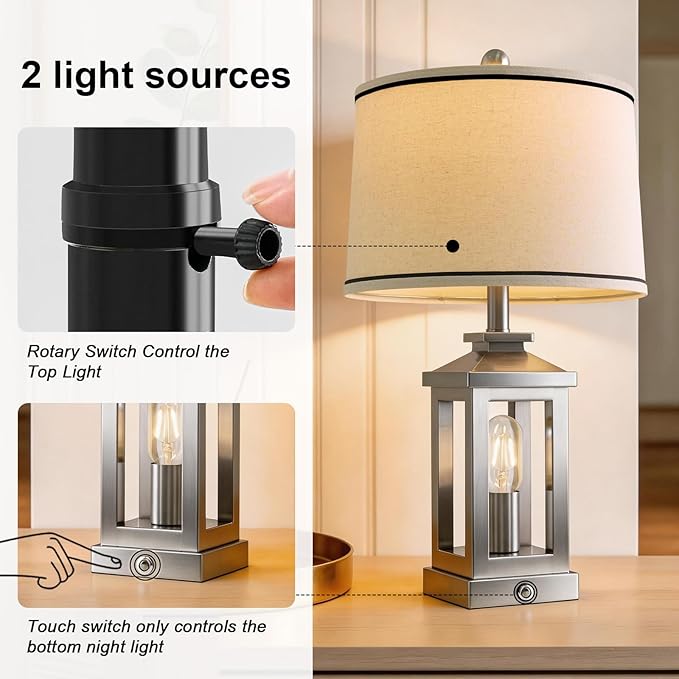 G-SAFAVA 24" Table Lamps for Living Room Bedroom Modern Metal Bedside Lamps Set of 2 Nightstand Lamp for Night Stands 3 Way Dimmable Touch Lamp with USB C+A Ports and 2 Light Sources, 4 Bulbs Includes