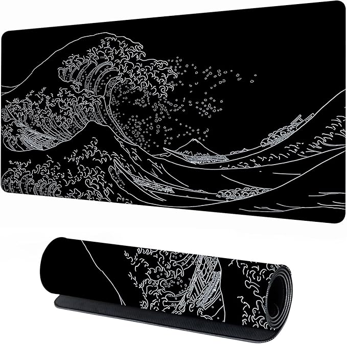 Japanese Kanagawa Sea Wave Large Gaming Mouse Pad Black XXL Keyboard Pad, Mouse Mat, Desk Pad, Non-Slip Rubber Base & Stitched Edges - Extended Mousepad for PC/Laptop/Office/Home Decor 31.5"x15.7"