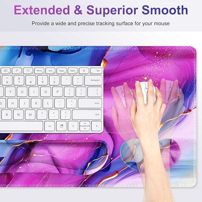 Large Gaming Mouse Pad Set, 4 in 1 Ergonomics Keyboard Desk Mat with Memory Foam Wrist Rest, Computer PC Extended Game Mousepad, Non-Slip Desk Pad Matt Easy Typing Pain Relief I Colorful Marble