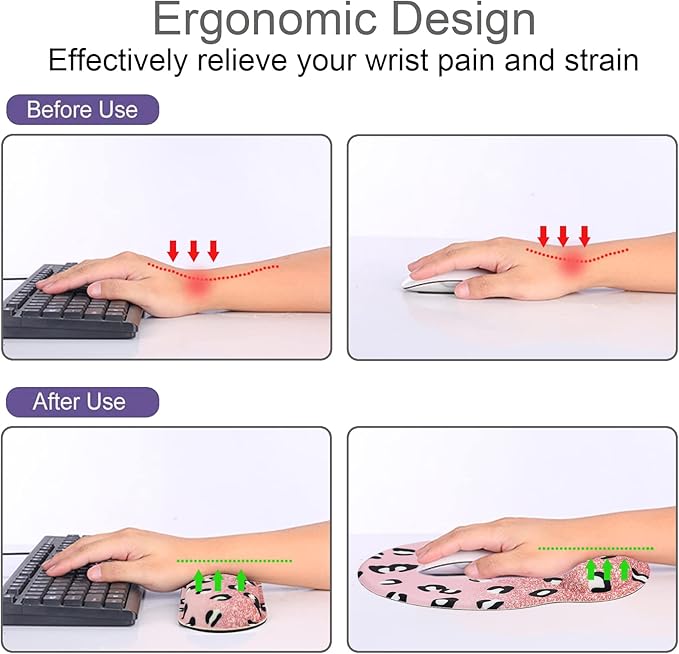 Mouse Pad + Desk Mat + Keyboard Wrist Rest + Coaster 4 in 1 Set, Cute Ergonomic Large Gaming Mousepad with Wrist Rest Support Desk Pad for Computer Laptop Office Home Decor-Glittery Leopards
