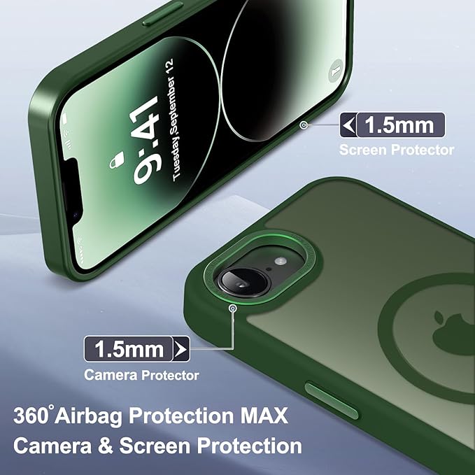 Newfuture Designed for iPhone 17e Case & iPhone 16e Case with Magnetic [13 FT Military Drop Protection] [Compatible with Magsafe] Translucent Shockproof with Anti-Fingerprint Phone Case, Dark Green