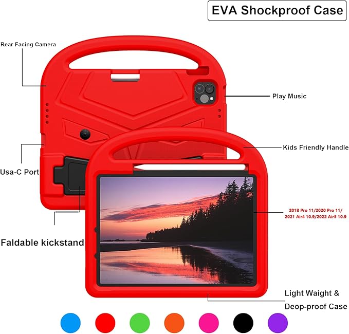 Dteck for iPad Air 11" M2 2024/Pro 11" 2024 Kid Case, Durable Lightweight Shockproof Protective Handle Stand EVA Foam Boys Girls Proof Case, Red