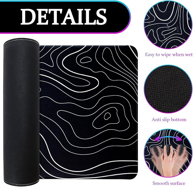 Mouse Pad Gaming Mousepad, 31.5 x 11.8in Large Desk Mat Keyboard Pads Extend Long XL Mouse Mat with Non-Slip Base Desk Accessories for Home Office Keyboard Mouse (Black Topographic)
