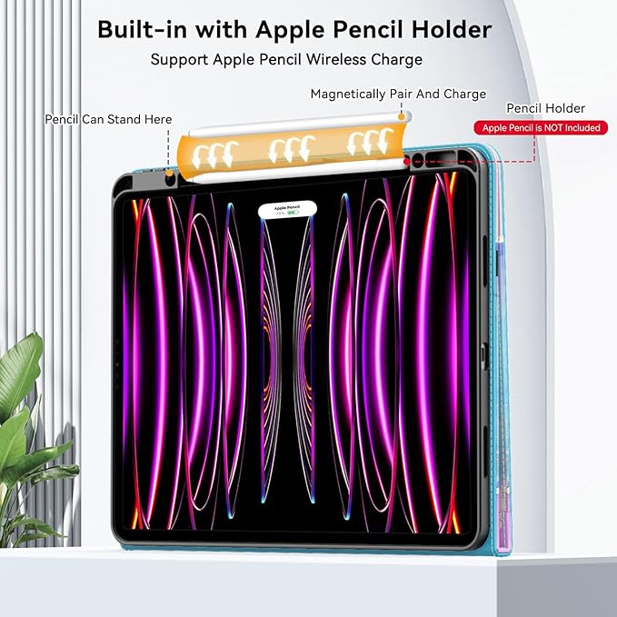 Zonefoker Case for New iPad Pro 12.9 inch 6th/5th/4th/3rd Generation 2022/2021/2020/2018, 12.9'' ipad Pro Leather Protective Cover 6/5/4/3 Gen with Pencil Holder, Auto Wake/Sleep, Marble Teal Pink