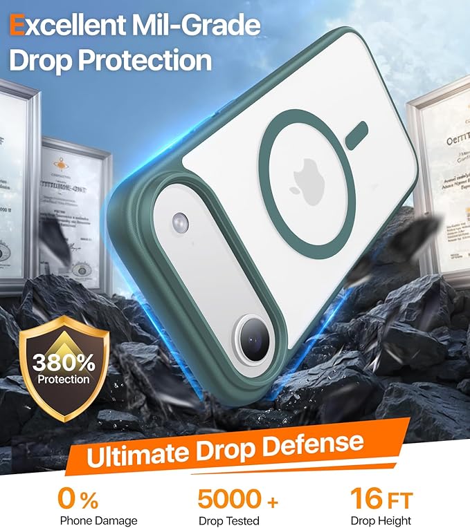 Magnetic for iPhone Air Case 2025,[Anti-Slip][Compatible with MagSafe][Military Grade Drop Protection] Shockproof Protective Translucent Matte Phone Case for iPhone 17 Air Case,Night Green