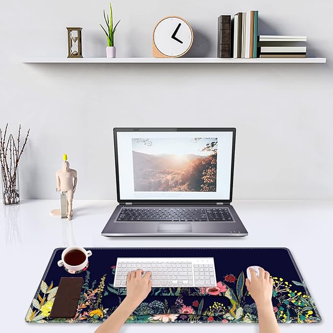 DINKY Keyboard Mouse Pad Set, Large Gaming Mousepad + Memory Foam Ergonomic Keyboard Wrist Rest Support, Easy Typing Pain Relief, 4Pcs (35.4" x 15.7") Extended Desk Mat-Flower Weed