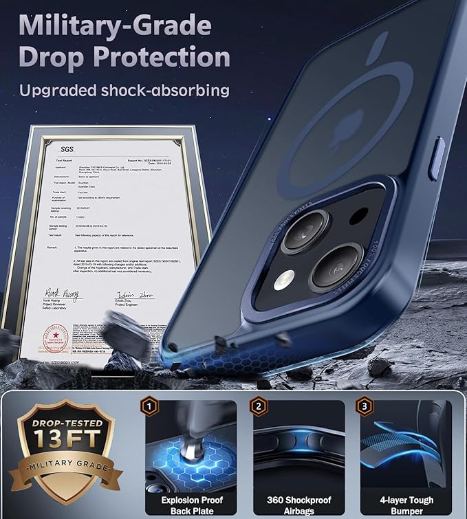 Newfuture Designed for iPhone 13 Case & iPhone 14 Case with Magnetic [13 FT Military Drop Protection] [Compatible with Magsafe] Slim Translucent Shockproof with Anti-Fingerprint Phone Case, Navy Blue