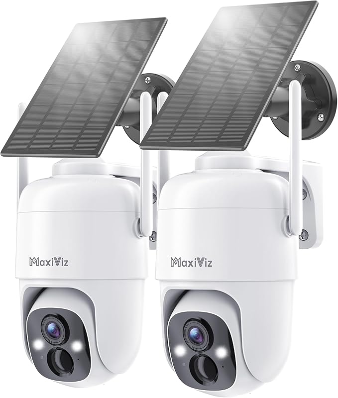 MaxiViz 2K Solar Camera Security Outdoor, 100% Wire-Free Security Cameras Wireless Outdoor with Solar Panel, 360° Panoramic View, Color Night Vision, AI Motion Detection, IP66 Weatherproof, 2 Pack