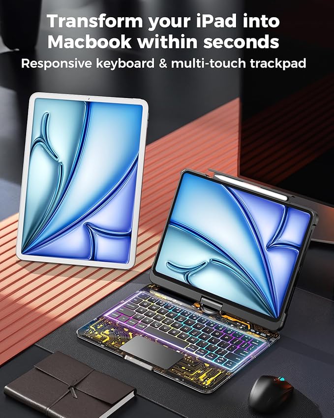 SIBEITU Keyboard Case for iPad Air 11-inch M4/M3/M2 (2026/2025/2024) & iPad Pro 11-inch 4th 3rd 2nd 1st Gen, 7-Color Backlit, Multi-Touch Trackpad, 360°Rotatable for 10.9" iPad Air 4th/5th Gen, Black