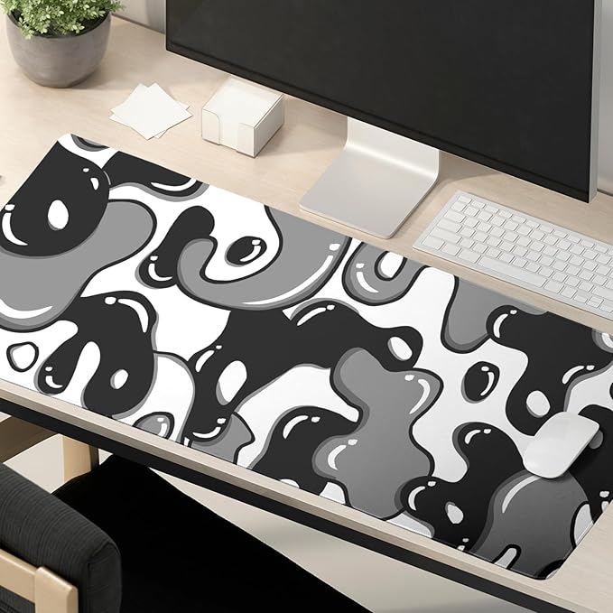 Grey Black White Gaming Mouse Pad Desk Pad Extended Large 31.5"x11.8" Japanese Geometric Anime Gaming Mouse Pad XL Japanese Desk Mat with Non-Slip Rubber Base Stitched Edge for Home Office Work Game