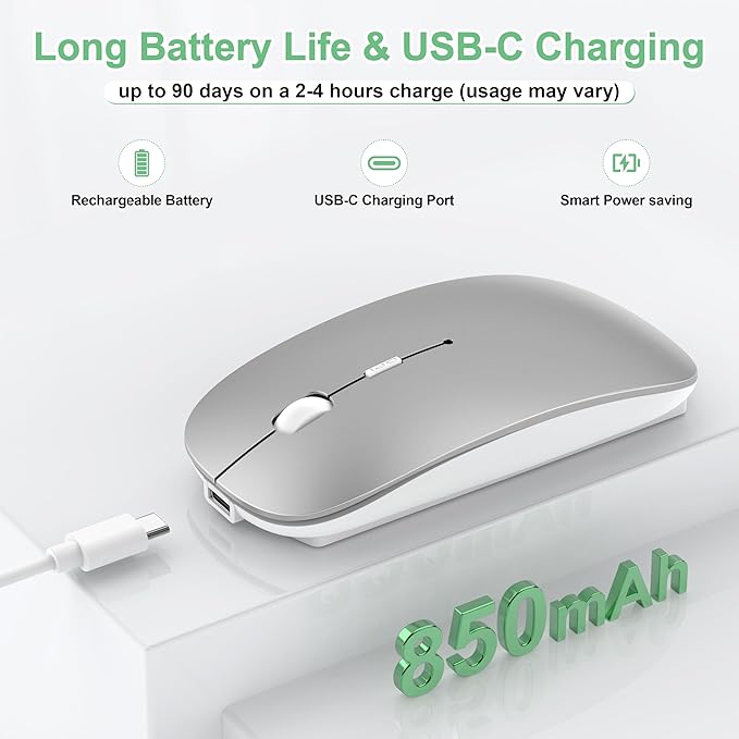 Wireless Mouse for MacBook Pro/Air, Bluetooth Rechargeable Mouse with USB-C, Slim Mouse Jiggler for iPad/iMac/Laptop/PC, 2.4G Dual Mode, Silent Click, Compatible Mac OS/Windows, Silver