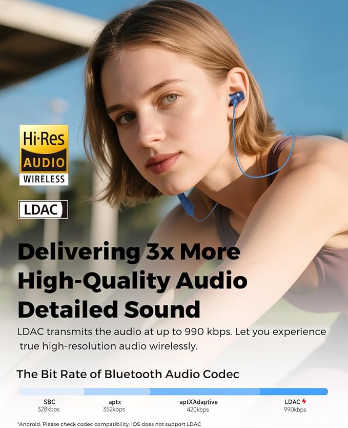 SoundPEATS Q40 HD Sports Neckband Headphones with LDAC Hi-Res Audio & Bluetooth 6.0 Stable Connection, IP67 Waterproof Wireless Earbuds, 20H Playtime for Running Gym, Fast Charge Dual Pairing,Blue