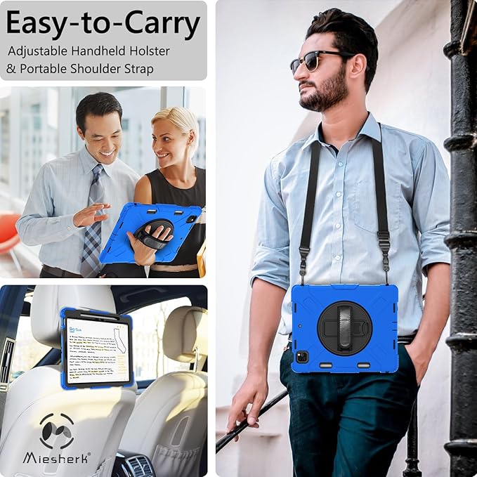 Miesherk Case for iPad Pro 12.9 Inch 6th/5th/4th Generation, Military Grade Heavy Duty Shockproof iPad Pro 12.9 Case - Rotating Stand, Pencil Holder, Hand/Shoulder Strap, Black+Blue