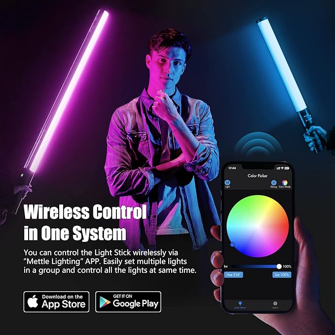 Mettlelite LS800P RGB Pixel LED Light Stick, Handheld Full Color RGBWW Continuous Output 3.2 ft with APP Control, 2800K-8000K, Customizable Pixel Light Effect, CRI97+ TLCI98+ Rechargeable Video Light