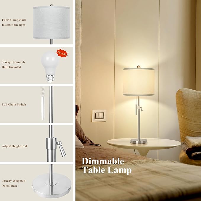 Qingmiao Table Lamps for Bedrooms Set of 2, 22" to 30" Height Adjustable Nightstand Lamps with Linen Shade, Pull Chain Switch Lamps for Living Room, 3 Way Dimmable Bedside Lamp