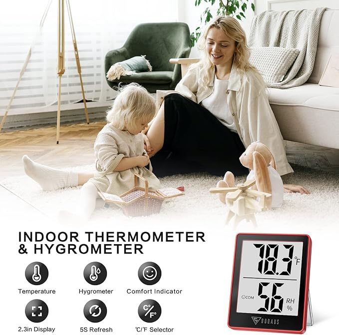 DOQAUS Digital Hygrometer Indoor Thermometer Humidity Gauge Room Thermometer with 5s Fast Refresh Accurate Temperature Humidity Monitor for Home, Bedroom, Baby Room, Office, Greenhouse, Cellar, Red