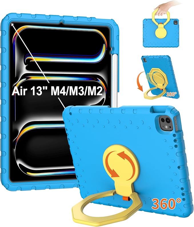 for iPad Air 13 Inch Case (M4 2026 / M3 2025 / M2 2024), Heavy Duty EVA Protective Cover with Magnetic Charging Pencil Holder, 360° Rotating Stand, for Kids, Work & Travel, Blue