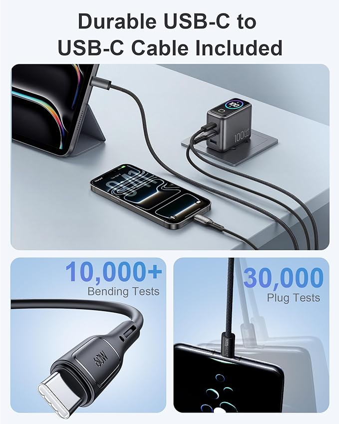 100W USB C Charger Block,3-Port PD PPS GaN Compact Foldable Plug,Smart Display Touch Control,Fast Charger with 5ft Cable for MacBook Pro/Air, iPad Pro, iPhone 17/16/15 Series,Pixel 9/8 Series,Laptop