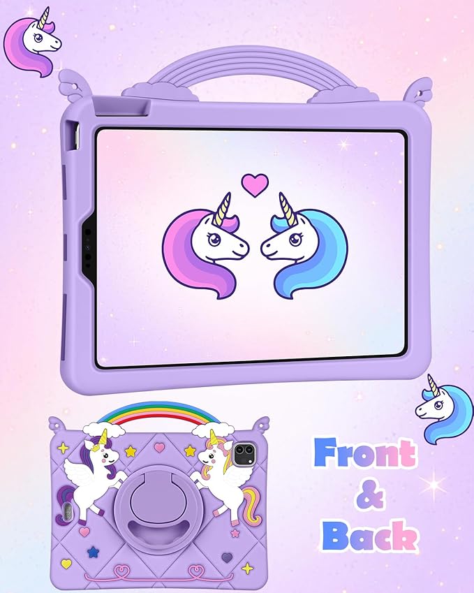 Uppuppy for iPad Air 11 inch Case(Air M4 2026, 8th Gen/M3 2025/M2)/Air 5th/4th Gen 10.9", for iPad Pro 11 inch Case(4th/3rd/2nd/1st Gen) - Purple Unicorn Cover with Rotating Stand & Strap for Girls