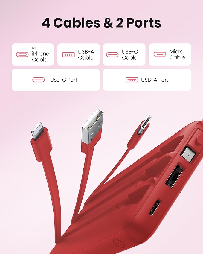 Portable Charger Power Bank, External Battery Pack with Cords Wires, Light 10000mAh Travel Essentials Battery Bank 5 Outputs 2 Inputs LED Display Compatible with iPhone/Android &More(Magenta)