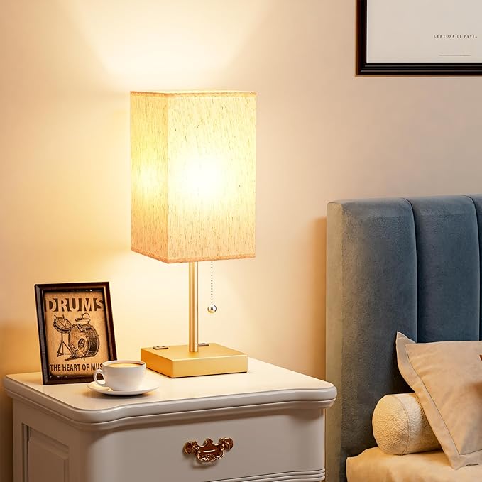 aooshine Medium Table Lamp with USB Ports - 3 Color Temperature Bedside Lamp for Bedroom, Pull Chain Control, USB A and C Ports, 2 AC Outlets, Bulb Included