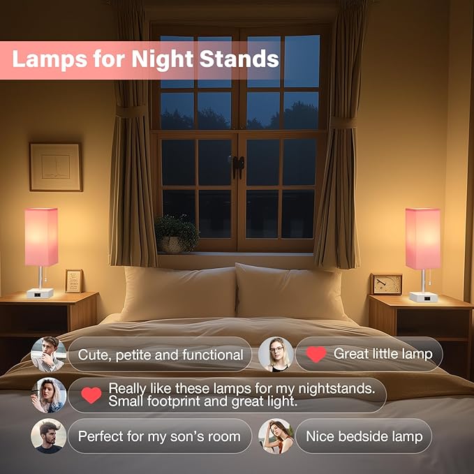 Pink Bedside Table Lamps for Bedroom - Small Nightstand Lamp Set of 2 with AC Outlet Charging Port, 3 Color Temperatures Rectangular Desk Light, Tabletop Reading Lamp for Living Room/Dorm/Office