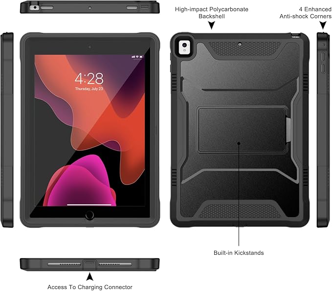 Soke Case for iPad 6th/5th Generation 9.7 Inch 2018/2017,with Built-in Screen Protector and Kickstand, Rugged Full-Body Heavy Duty Protective Cover for Apple iPad Air 2 /Pro 9.7 - Black